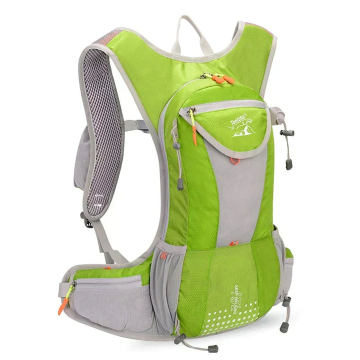 Hiker using waterproof outdoor gear backpack on mountain trail