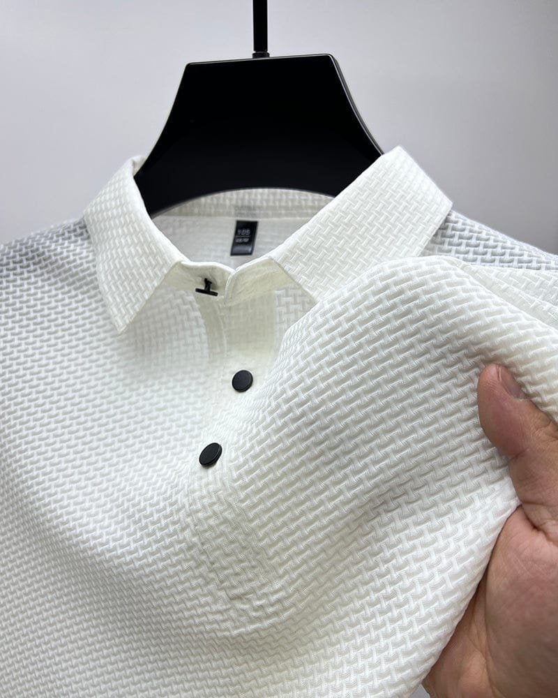 Side profile of men's breathable short sleeve polo shirt