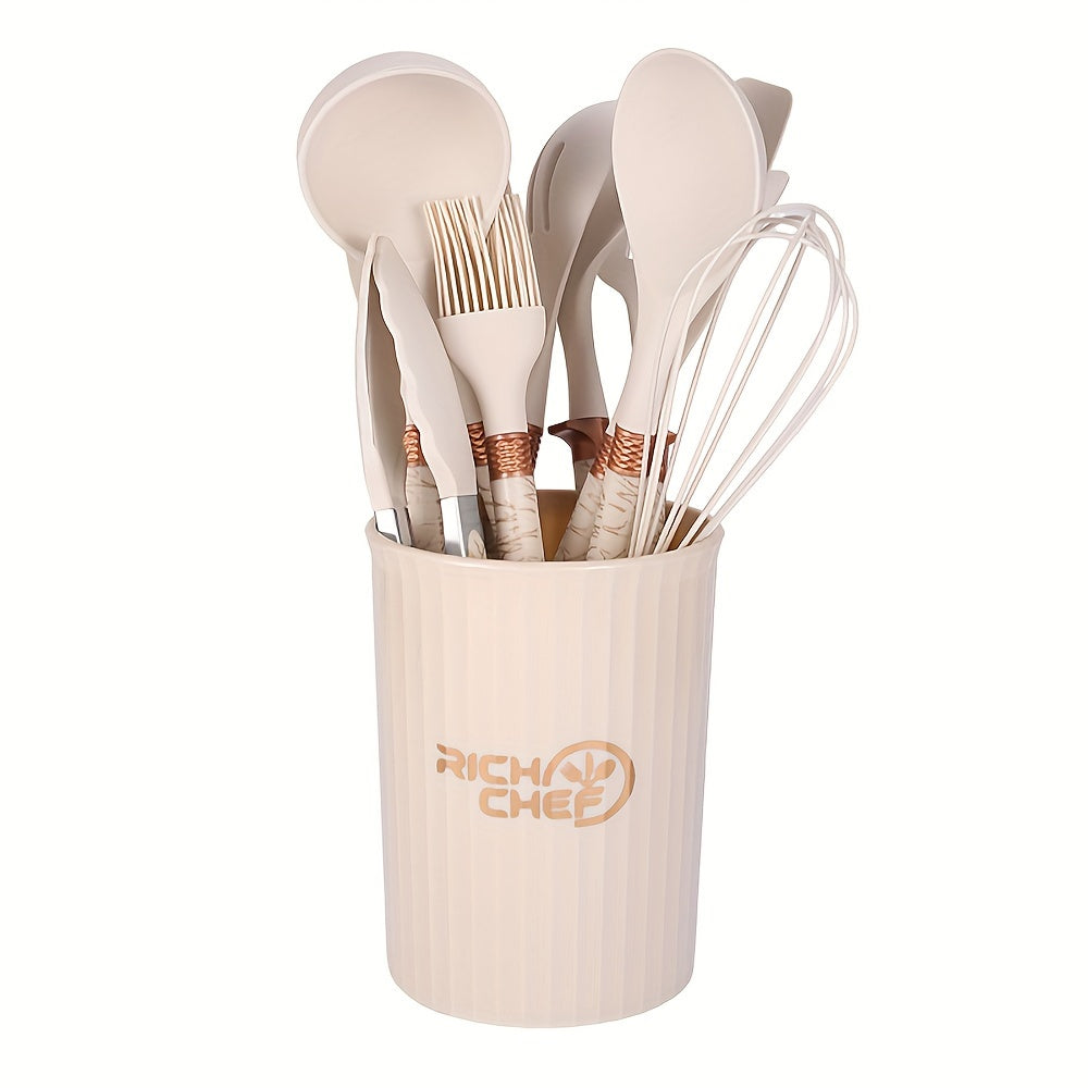 White and gold silicone cooking utensil set in holder