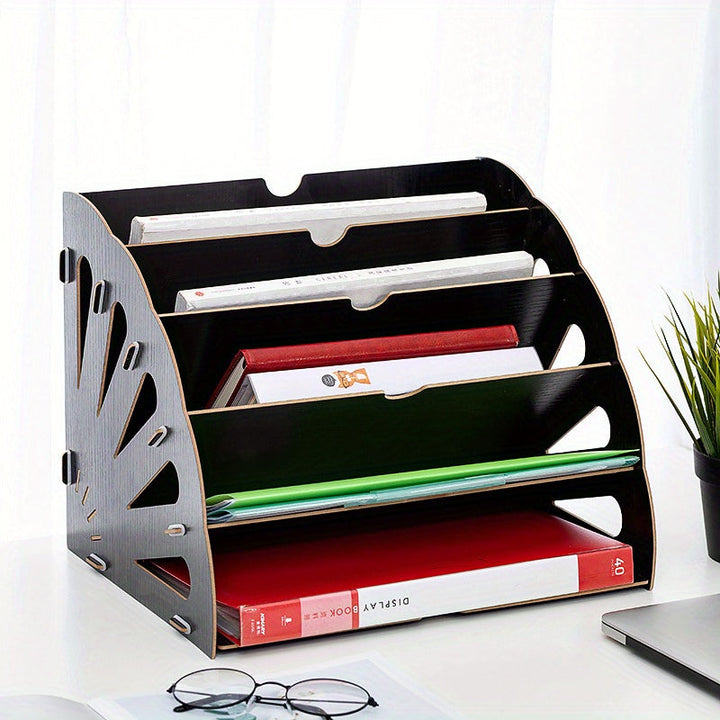 Close-up of wooden file holder showing premium wood grain and sturdy construction