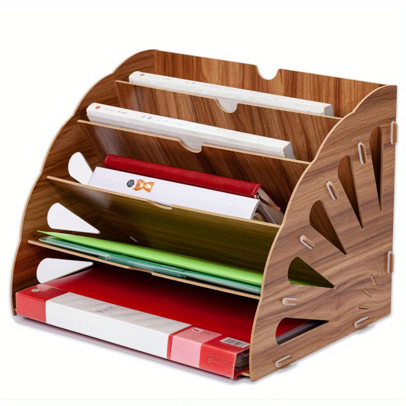 Wooden desk organizer filled with documents and folders