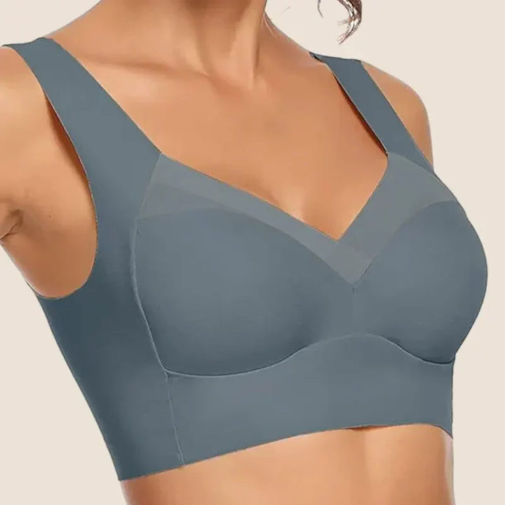 Soft and supportive V-neck comfort bra with seamless construction