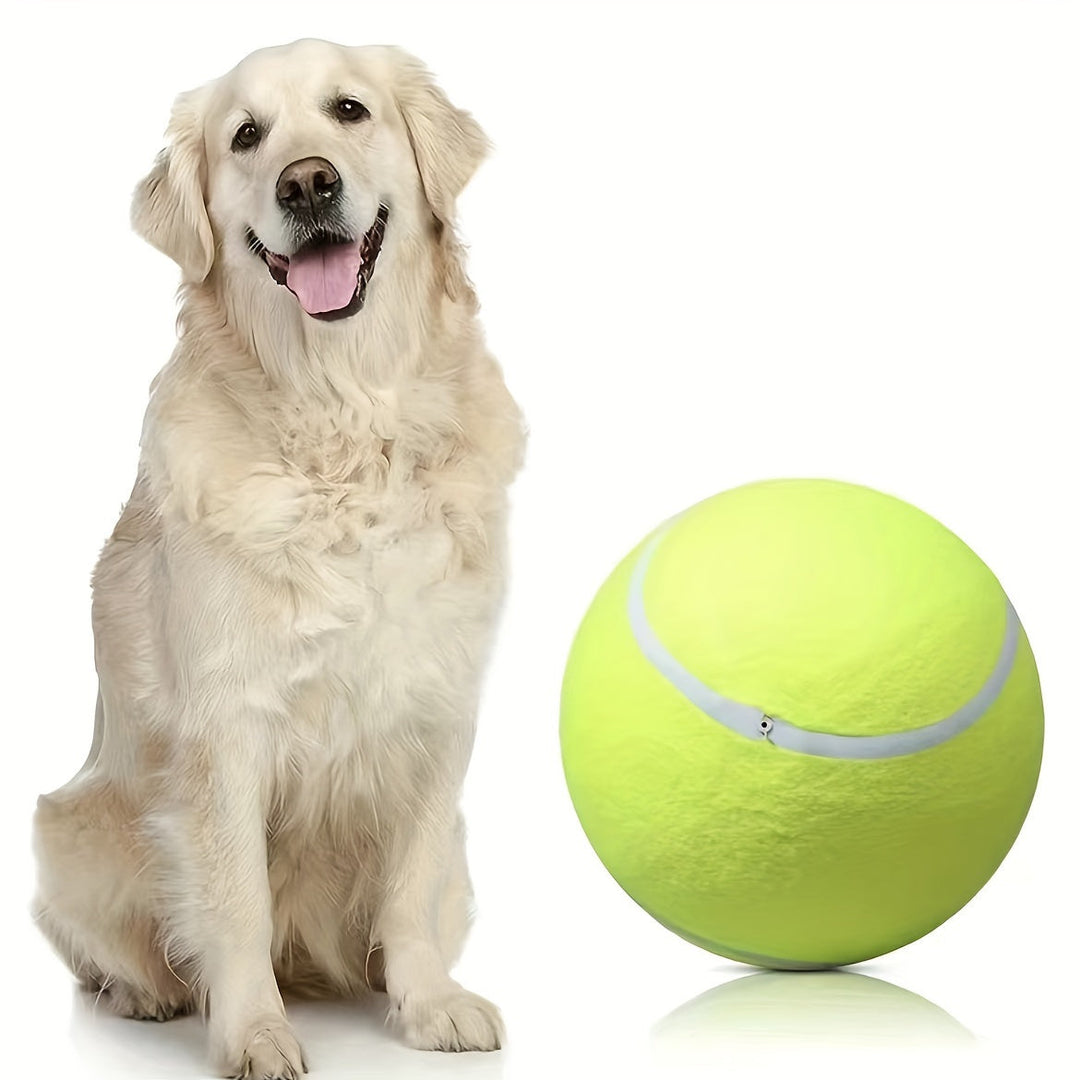 Durable large dog tennis ball toy shown in action