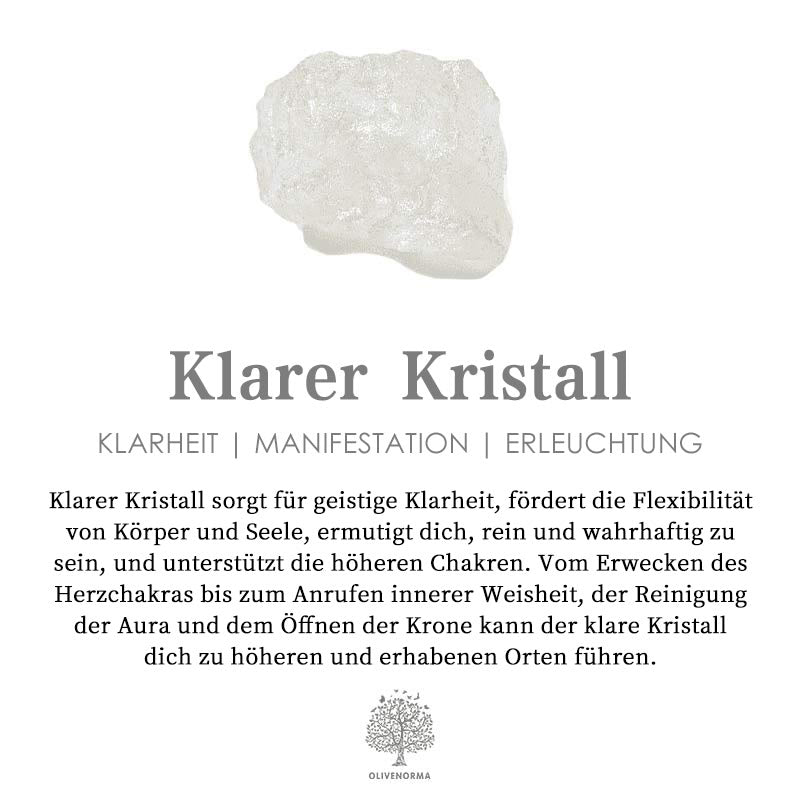 Informational card displaying clear crystal properties and spiritual benefits in German