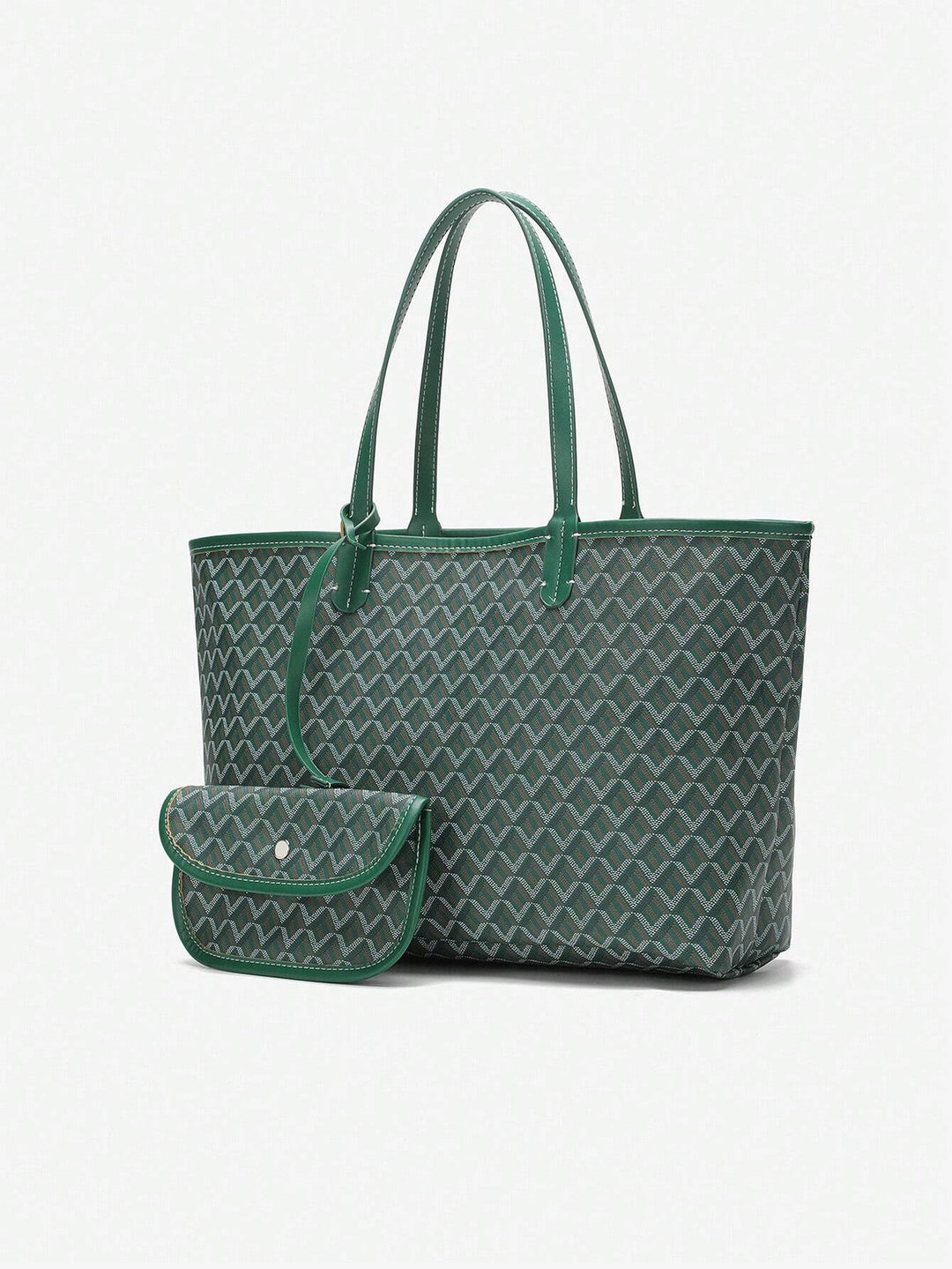 Green patterned women's casual shoulder tote bag with matching pouch