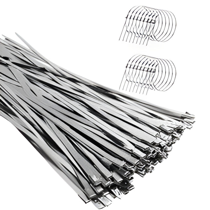 Complete stainless steel zip tie tool ready for industrial wire bundling