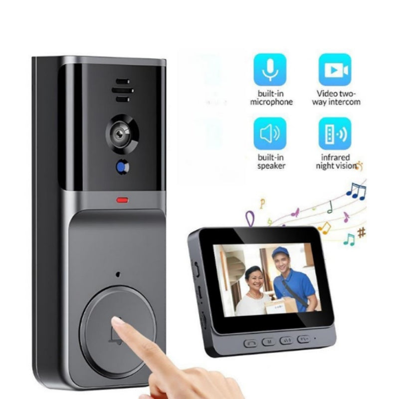 Wireless doorbell camera unit next to indoor monitor displaying visitors