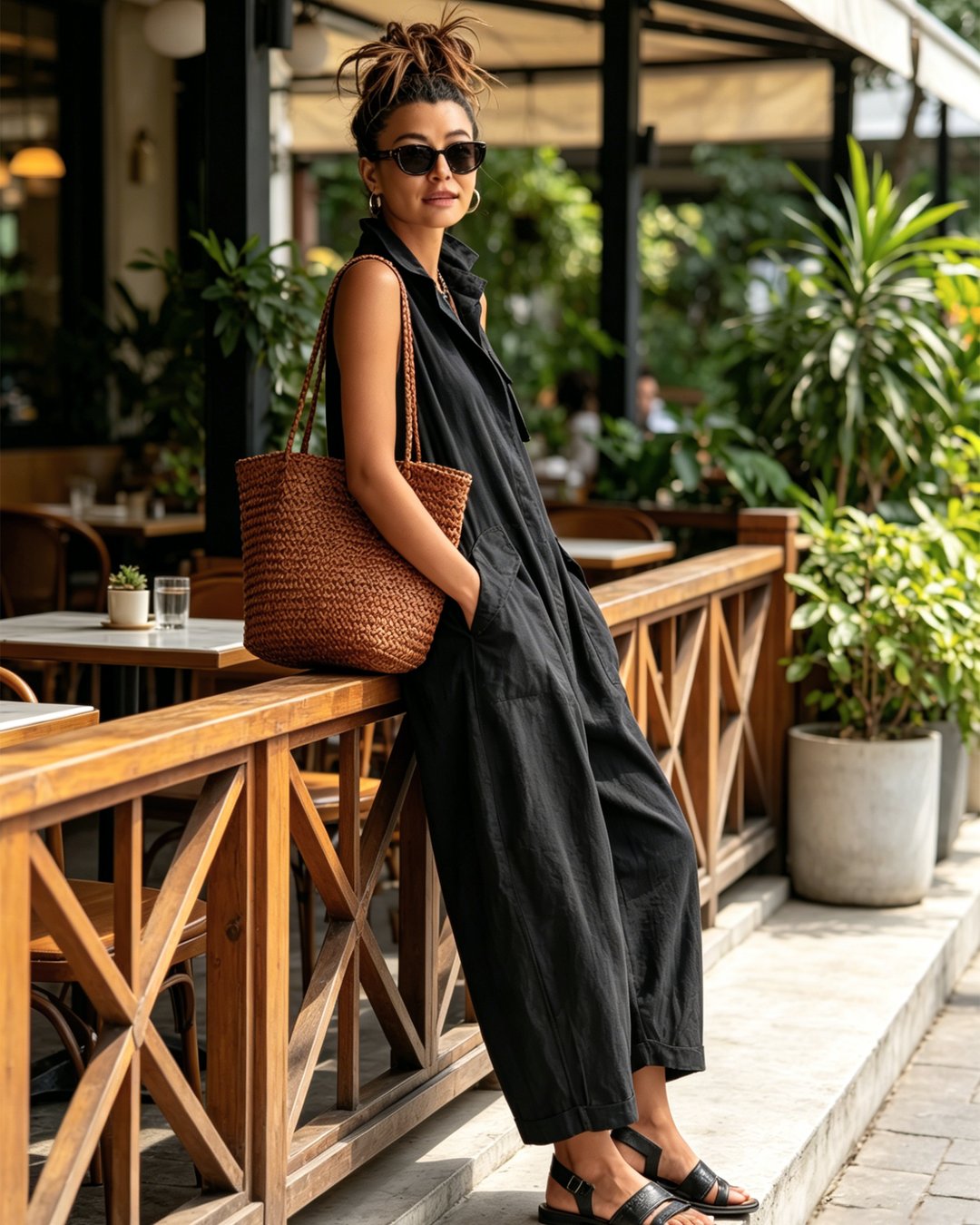 Olive green casual utility jumpsuit for women, back view with tailored fit