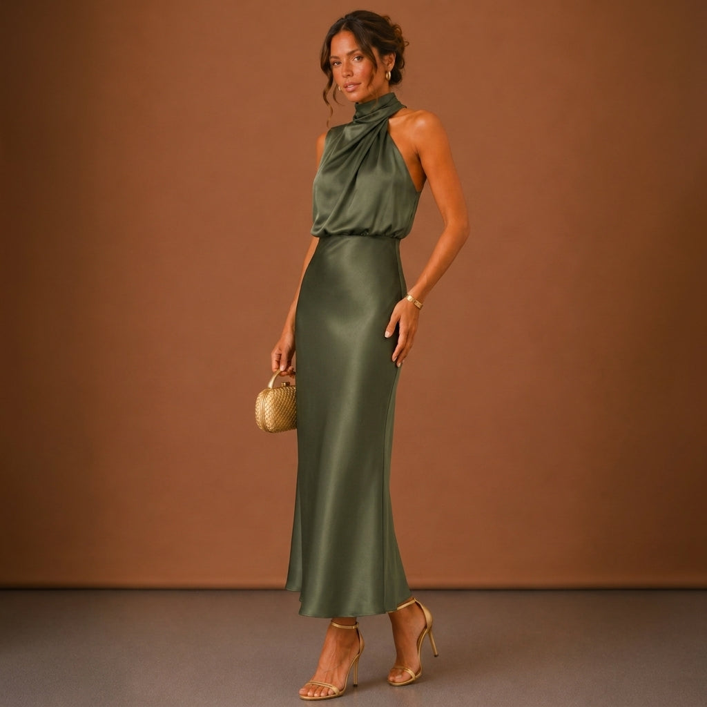 Full length view of a woman wearing a dark green halter maxi dress with gold heels