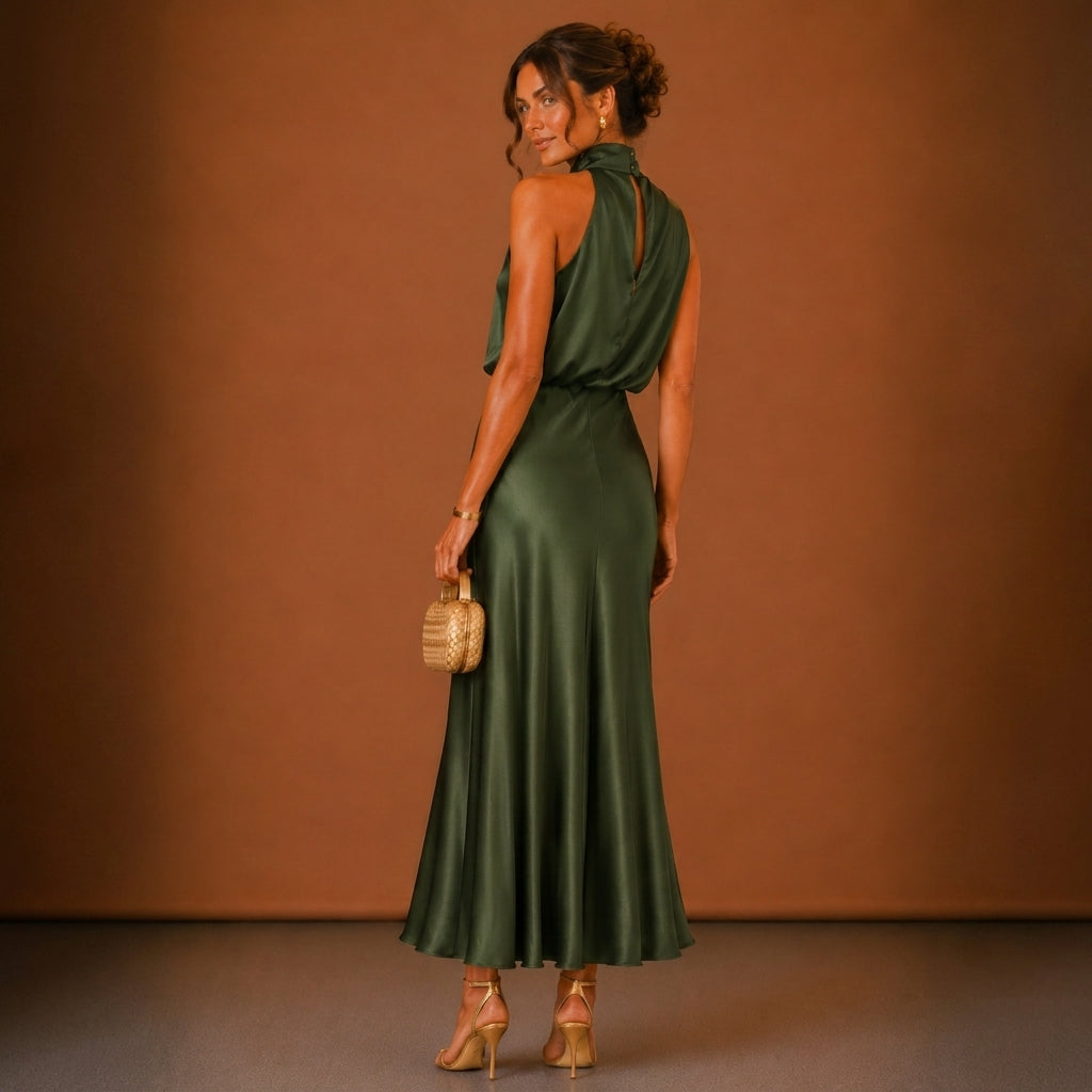Green halter maxi dress back view showcasing elegant evening gown design and party wear style