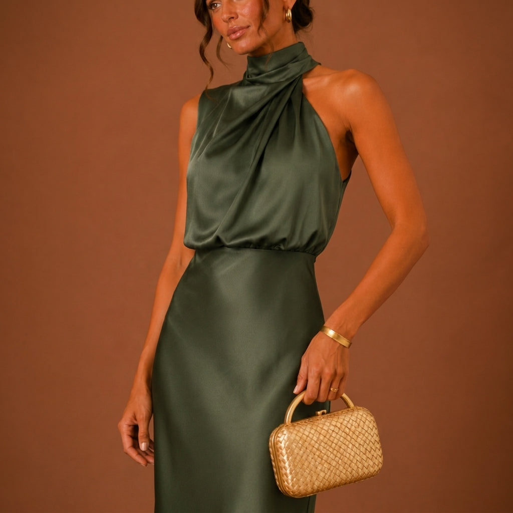 Close-up of a woman wearing a dark green halter neck maxi dress holding a gold clutch