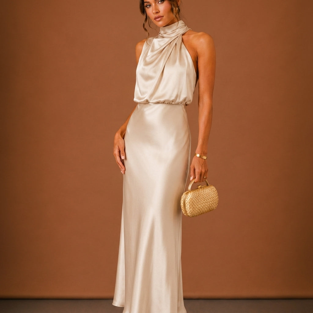 Close-up of the halterneck on the green women's maxi dress highlighting formal wear details