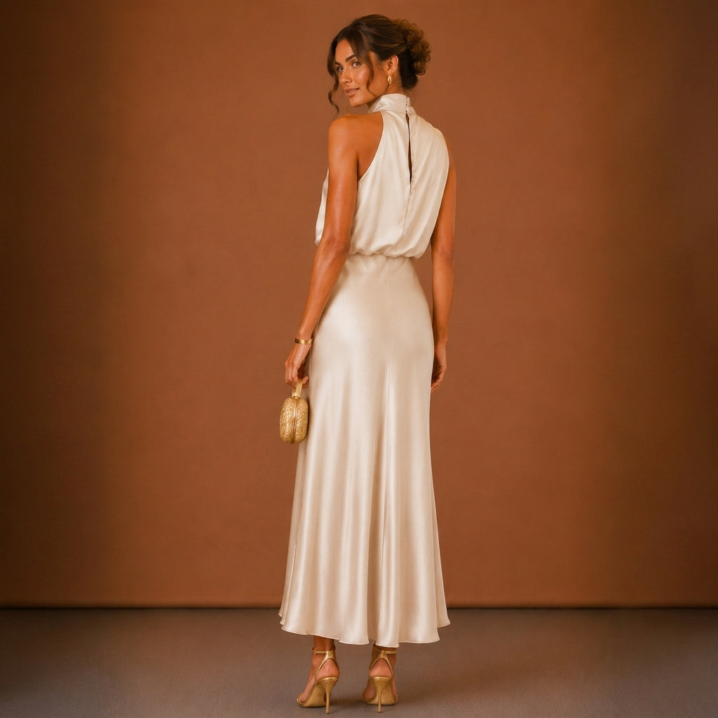 Full length view of the elegant green and white formal maxi dress for women's fashion