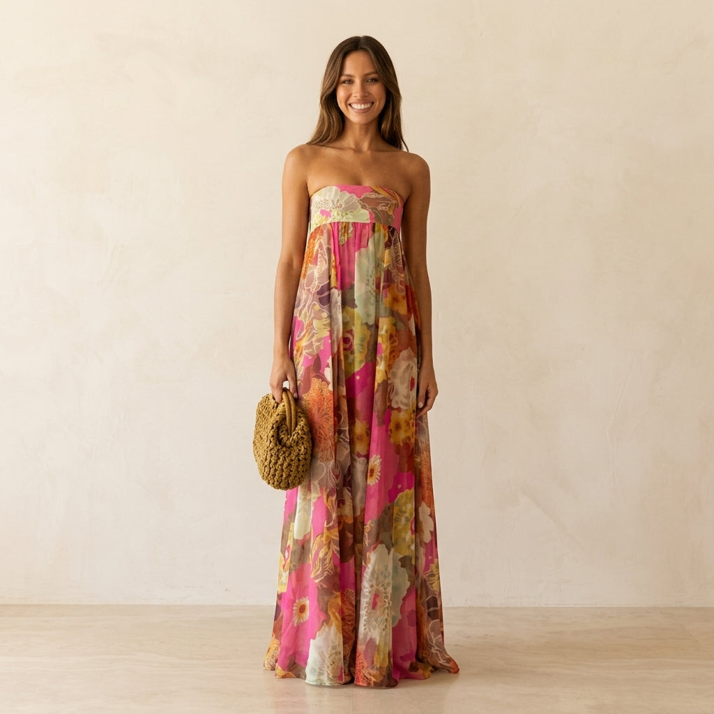 Woman wearing a pink strapless floral maxi dress with a woven handbag