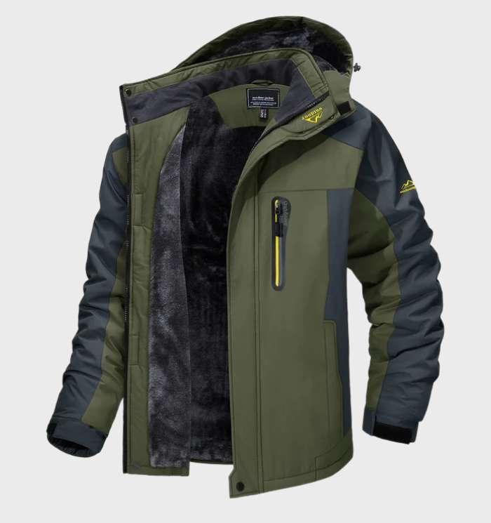 Green and dark grey men's hooded winter jacket product view