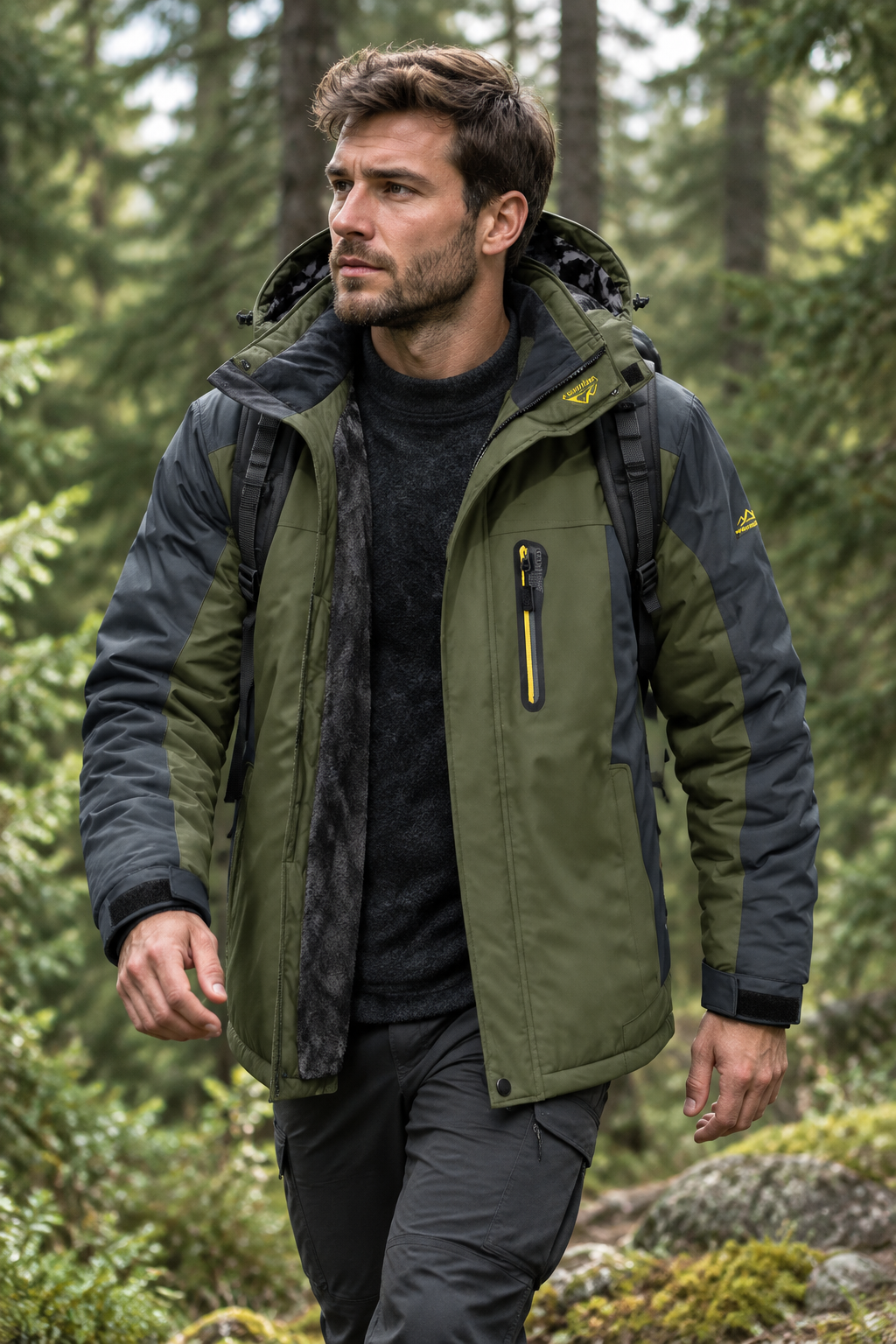 Man wearing green outdoor hooded jacket in a forest setting