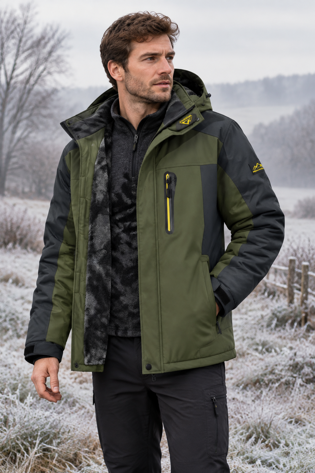 Man wearing green sporty fleece jacket outdoors in winter