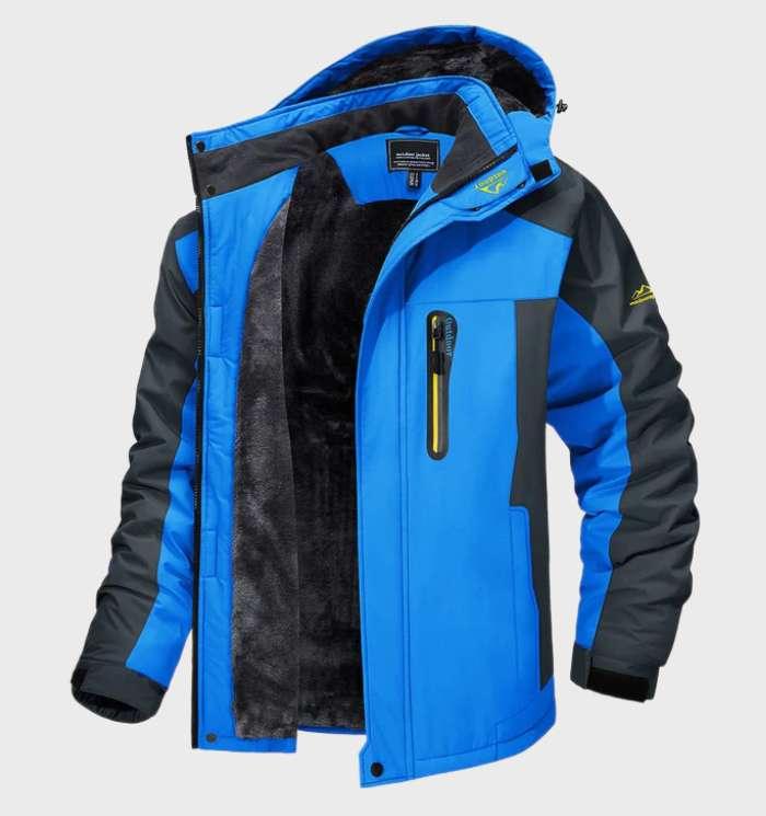 Blue and dark grey men's hooded winter jacket product view