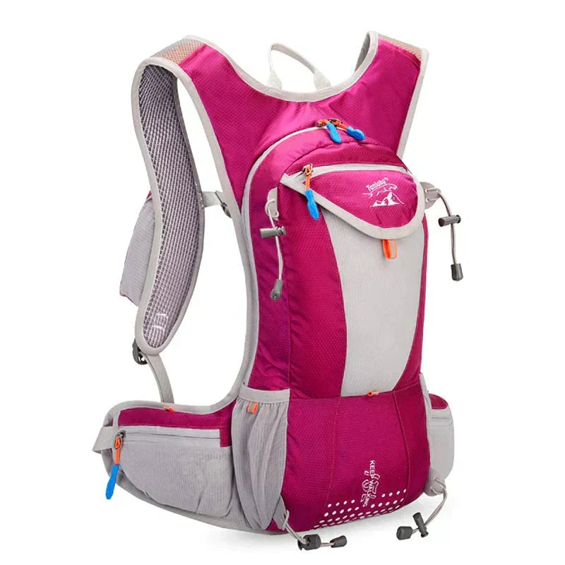 Flat lay of waterproof hydration backpack and accessories set