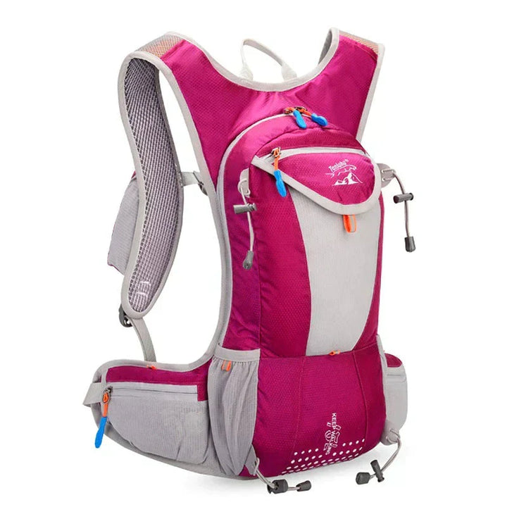 Flat lay of waterproof hydration backpack and accessories set
