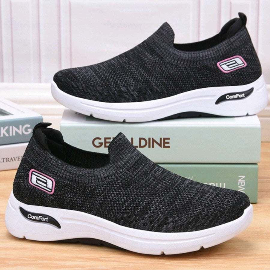 Black women's orthopedic walking sports shoes with breathable knit upper