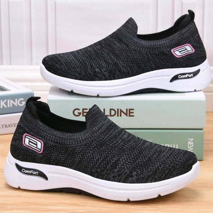 Black women's orthopedic walking sports shoes with breathable knit upper