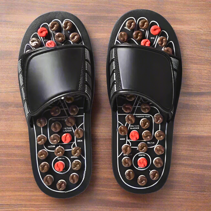 Therapeutic foot massager sandals worn for relaxation