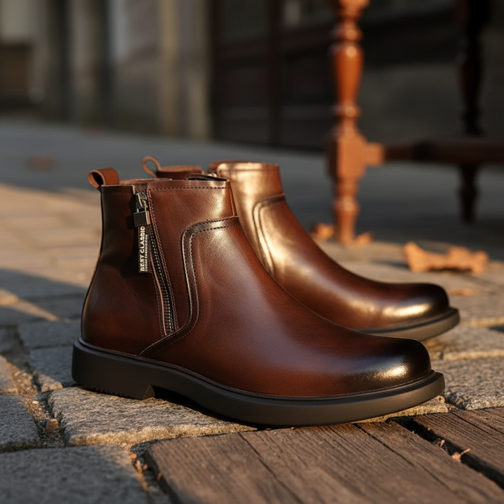 Side profile of stylish men's ankle boots featuring durable soles and side zippers.