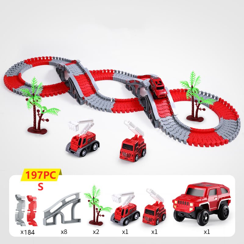Flexible track toy set arranged in a figure-eight configuration