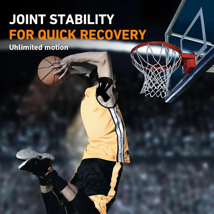 Basketball player in action wearing shoulder kinesiology tape for joint stability