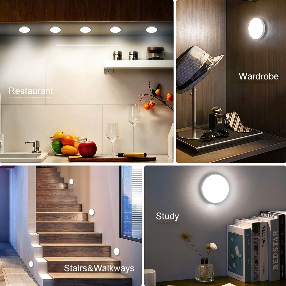Wireless LED night light illuminating a dark staircase step clearly