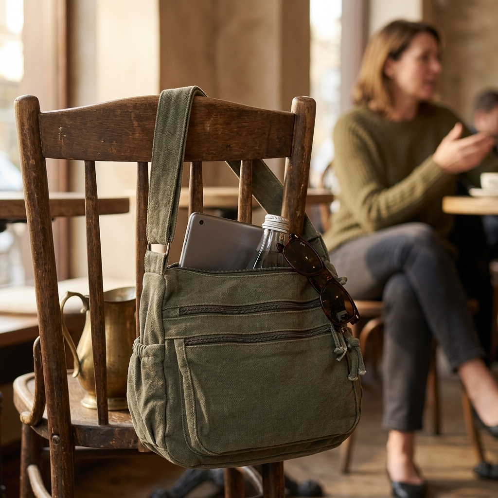 Olive green canvas tote bag hanging on a wooden chair with a tablet, water bottle, and sunglasses tucked inside.