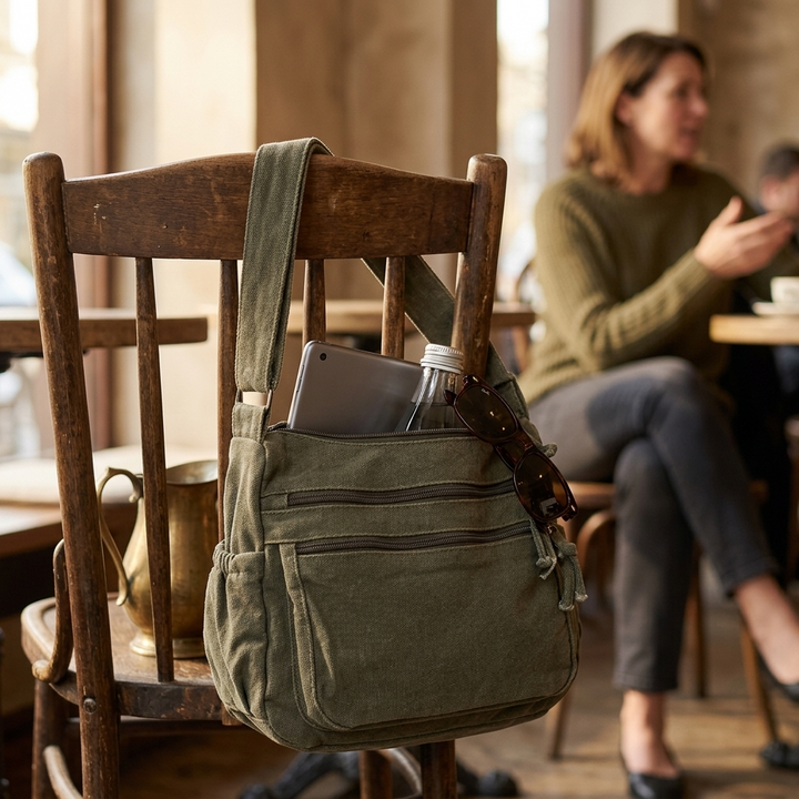 Olive green canvas tote bag hanging on a wooden chair with a tablet, water bottle, and sunglasses tucked inside.