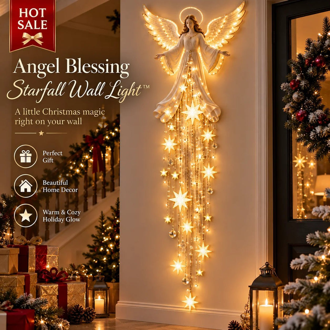 Illuminated Christmas angel wall light with halo and hanging stars in a hallway