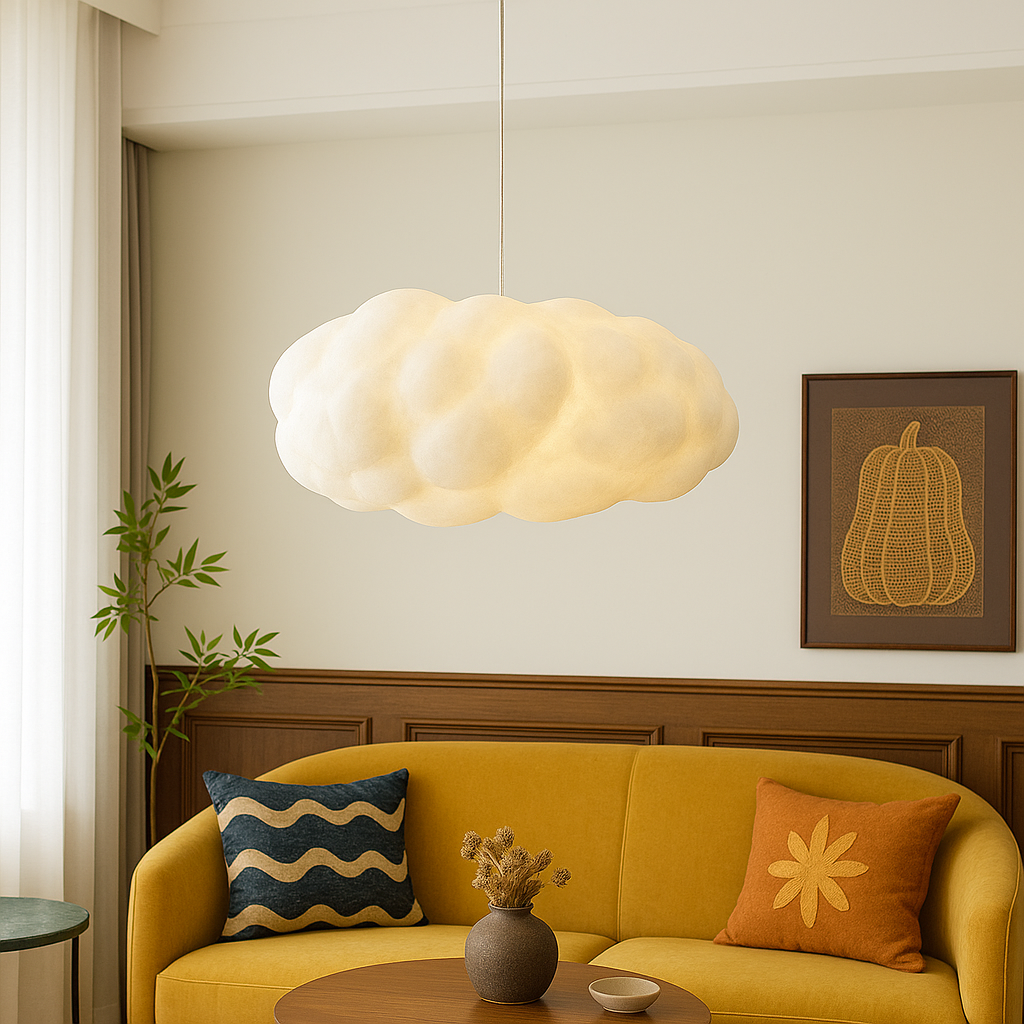 Cloud pendant lamp casting warm light over a yellow sofa in a living room