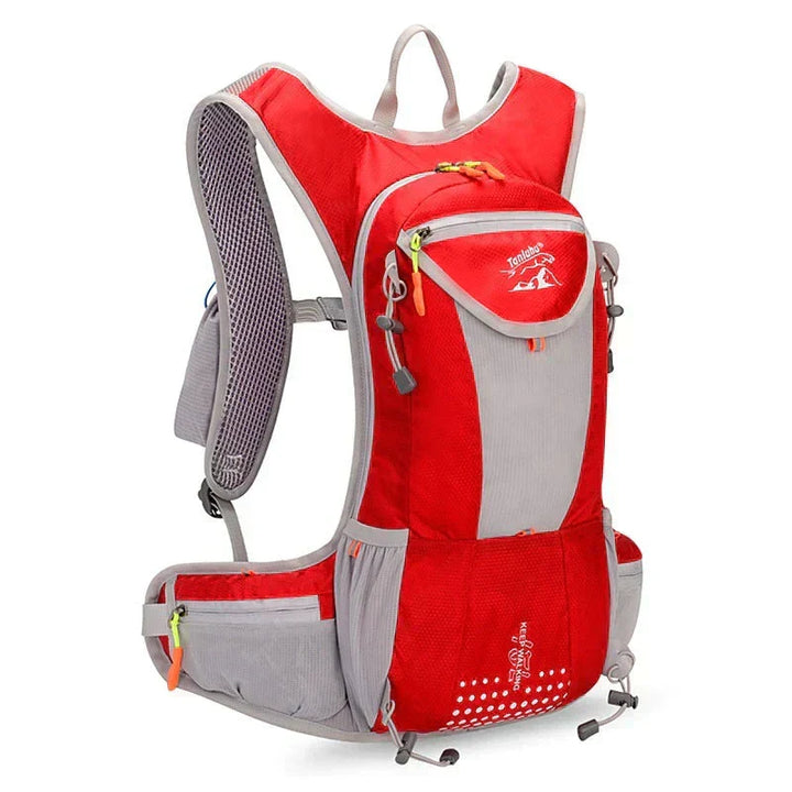 Model wearing unisex waterproof hydration backpack during trail run