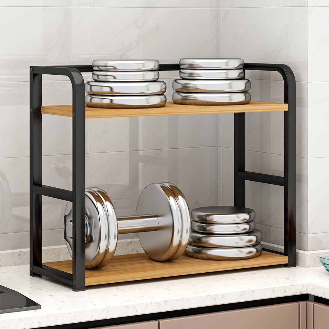 Kitchen countertop storage rack shown holding silver weights to demonstrate sturdy build capacity