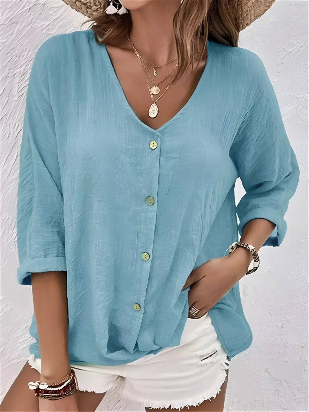 Back view of comfortable summer blouse with V-neckline