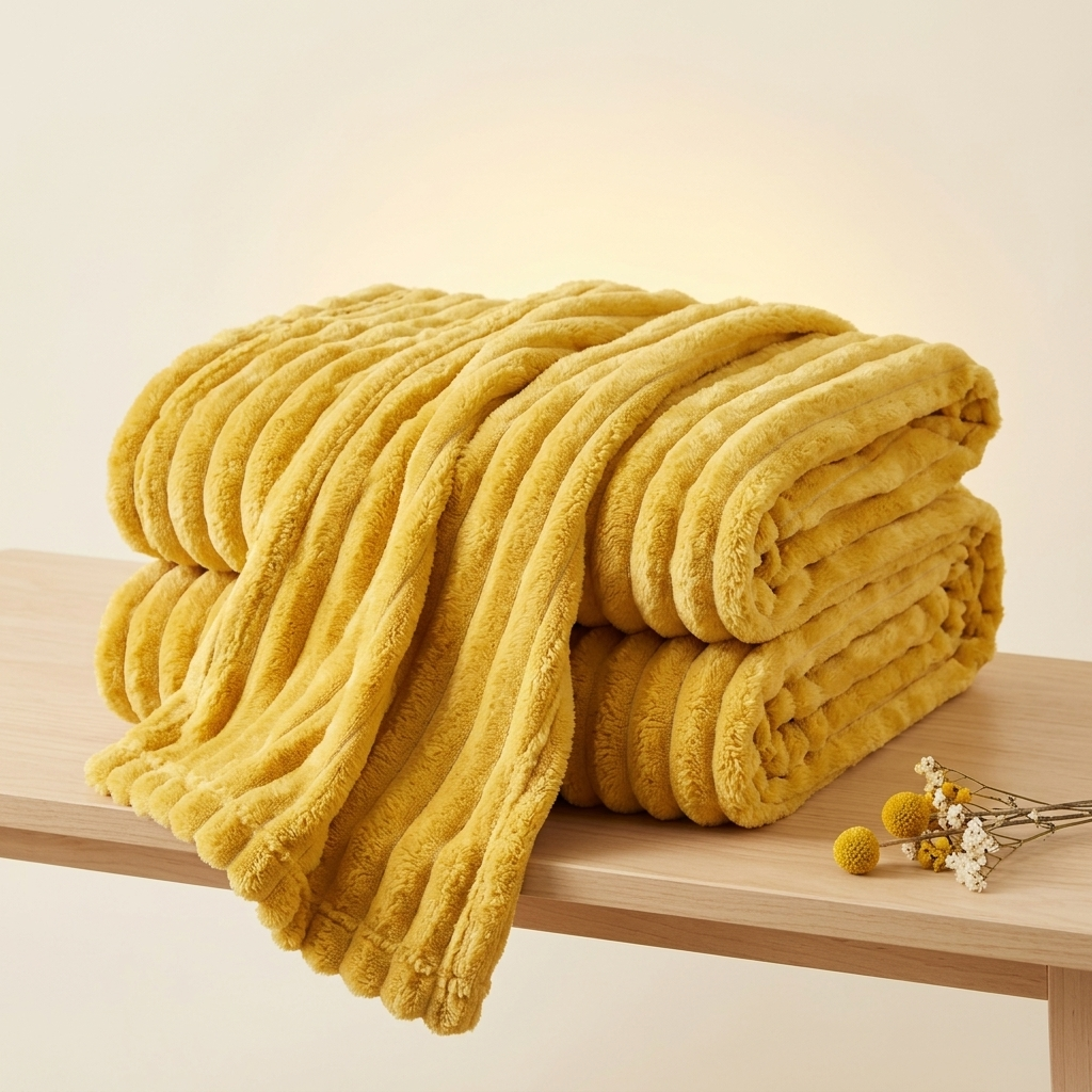 Folded yellow plush comfort blanket for dogs resting on a wooden table with dried floral decor