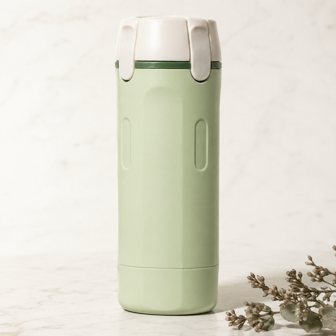 Green 4-in-1 outdoor travel bottle standing on a marble surface
