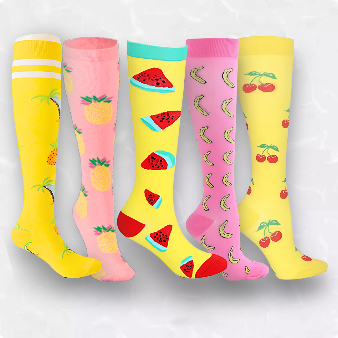 Five pairs of colorful fruit patterned compression socks displayed together