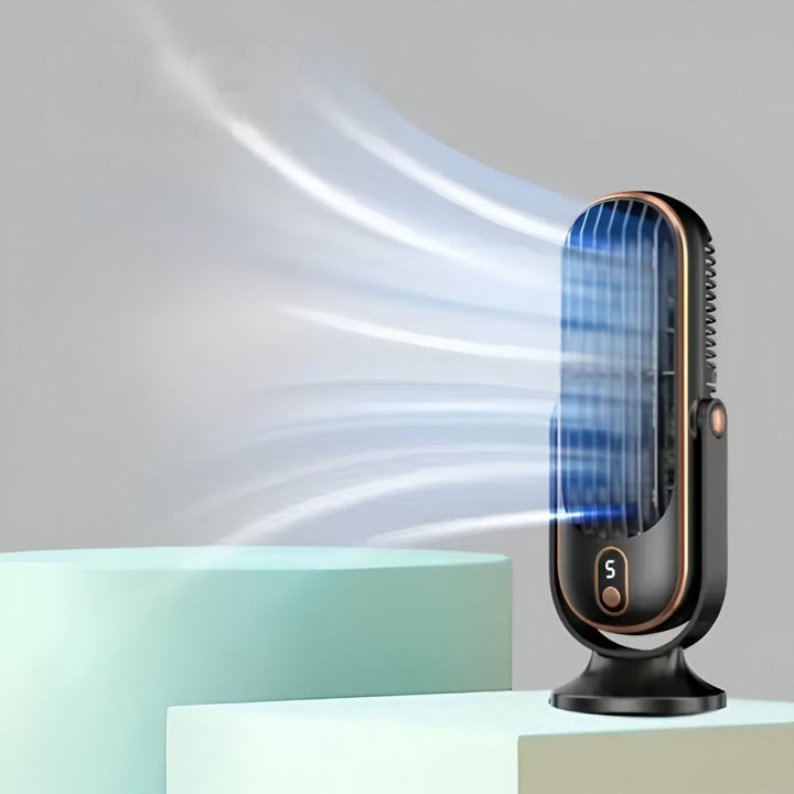 Top-down view of the USB desk fan protective safety grill and fan blade design.