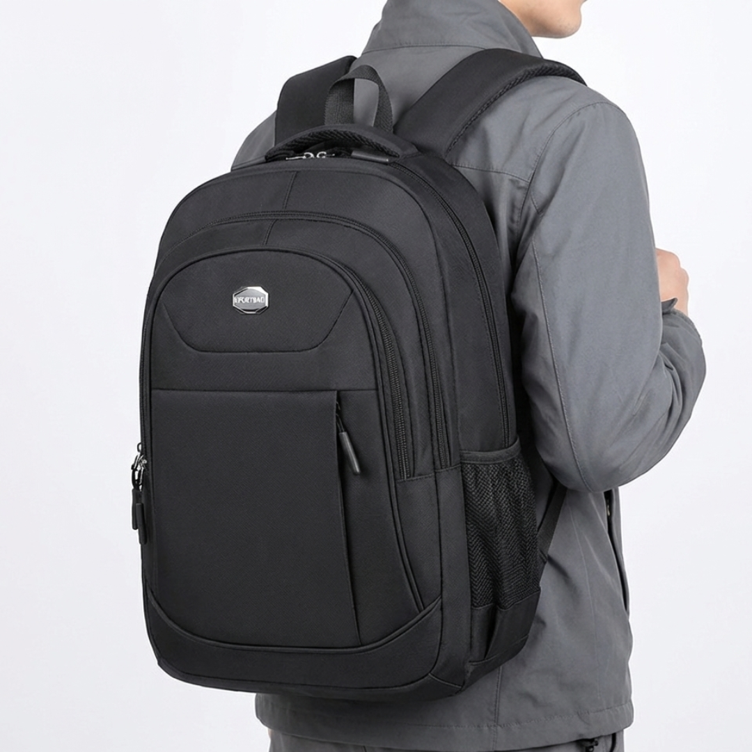 Close-up of the durable zipper and reinforced stitching on the unisex business backpack.