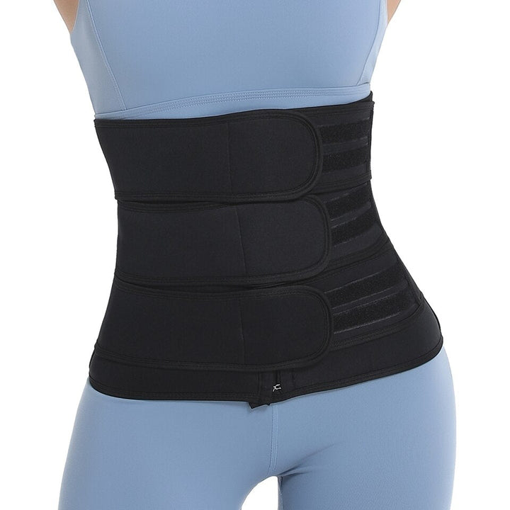 Front view of black waist trainer belt with triple adjustable straps