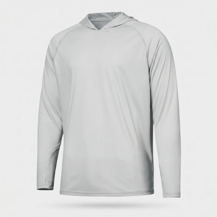 Interior label and breathable fabric weave of men's sun hoodie