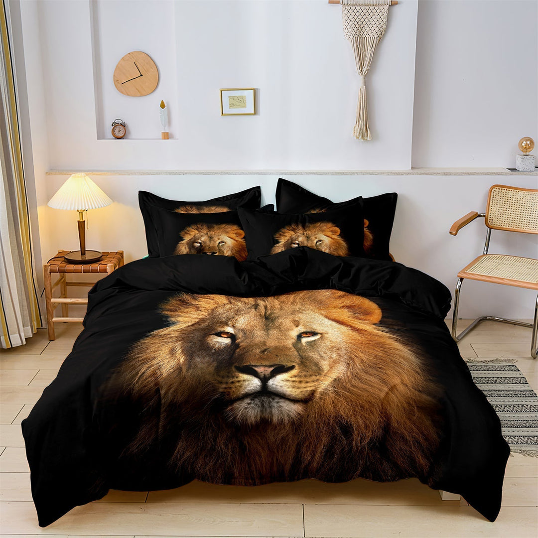 Make a bold statement with a majestic lion print duvet cover set on a modern bed.