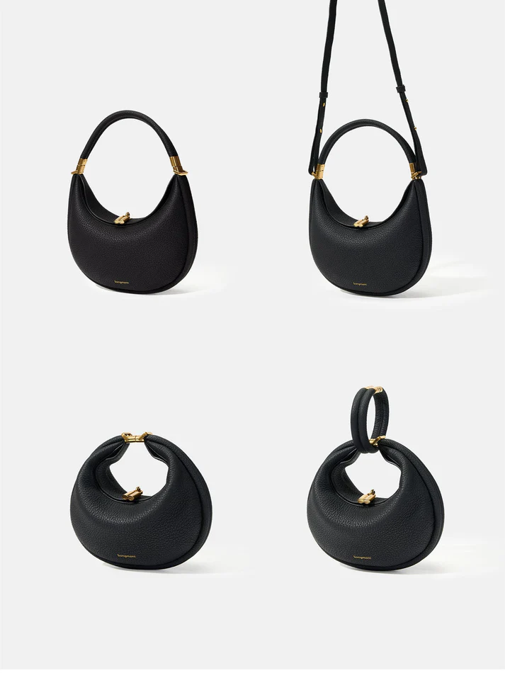 Four different strap configurations of the versatile black handbag
