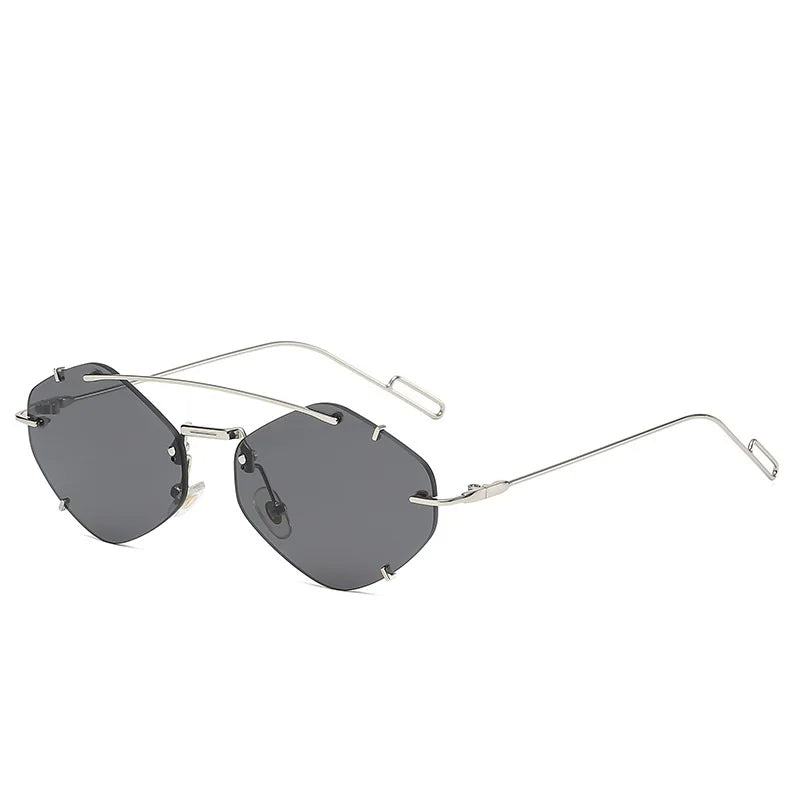 Side angle view of women's rimless diamond sunglasses in black and silver
