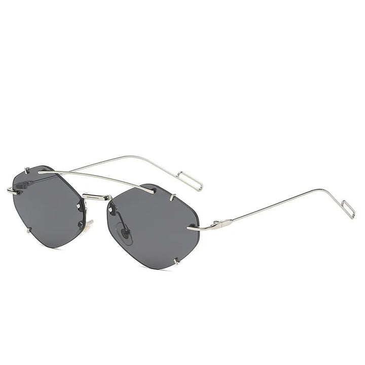 Side angle view of women's rimless diamond sunglasses in black and silver
