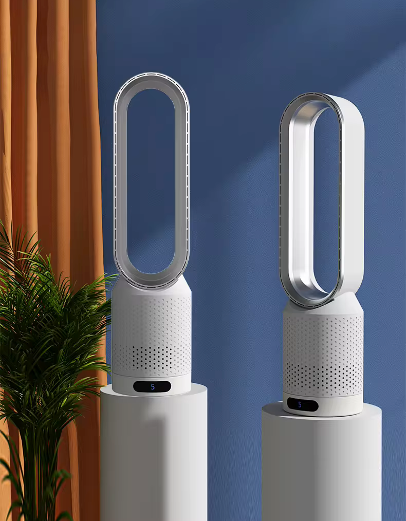 Two portable 3-in-1 air coolers in silver and blue on display stands